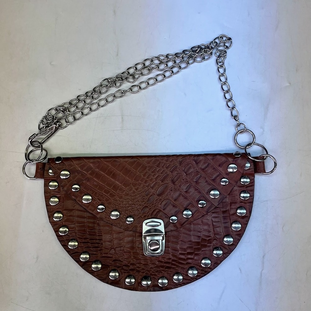 Brown Croc Look Embossed Half Moon Studded Crossbody Bag Silver Chain Strap